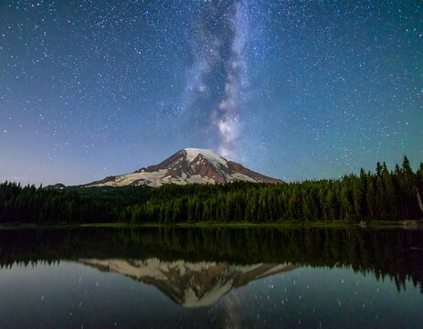 Majestic mountain mirrored in a tranquil lake under a starry night sky