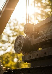 Close-up view of heavy-duty industrial machinery with a pulley system against a bright, sunlit background of blurred trees, highlighting mechanical components and outdoor construction equipment