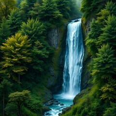 Naklejka premium Glorious waterfalls streaming down high cliffs in a mountainous park of green. JPEG, 8.8MB, 12x12in, 3600x3600px, 300/i