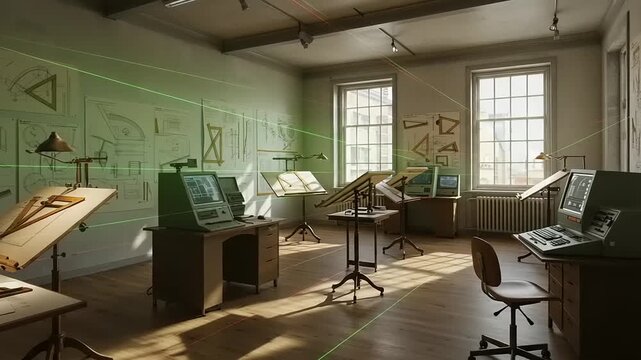 Vintage design studio with drafting tables and sunlight
