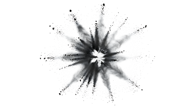Black powder explosion isolated on transparent background