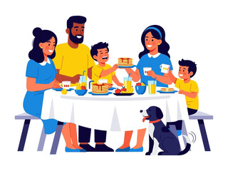 Family Breakfast Gathering: A radiant family relishes a hearty breakfast spread around a table set in a scene of warmth and togetherness, with happy children, a delighted mother, a cheerful father.