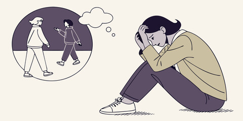 Upset woman feeling alone after seeing friends having fun together