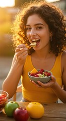 A young woman with curly hair happily eats a refreshing fruit salad from a bowl, enjoying a healthy and vibrant meal outdoors during golden hour