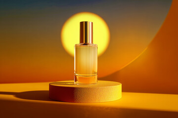 A  bottle of yellow perfume stands on an orange circular pedestal, with the sun in golden and light blue tones in the background. 