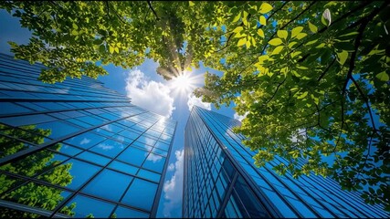 Green Buildings Reaching for the Sky: An awe-inspiring view of modern, environmentally friendly buildings reaching for the sun, surrounded by lush green foliage.