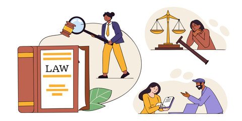 Legal concepts and discussions visualized with modern illustrations and people