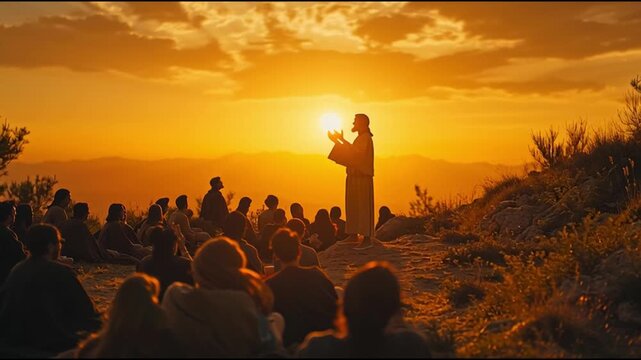 Inspiring Sermon under Golden Hour: A historical and inspiring scene of a preacher delivering a sermon with a gathering audience under a golden sunset.