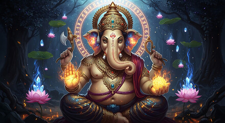 Fototapeta premium Ganesha, the Hindu elephant-headed god, sits in a lotus position with a glowing halo, surrounded by lotus flowers and forest elements.
