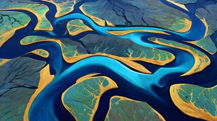 Obraz premium Aerial View of Winding Blue River Flowing through Vibrant Green Landscape with Sandy Islands