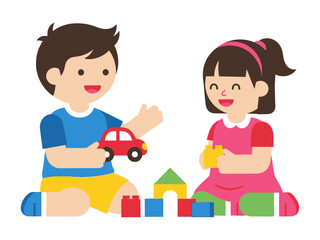 Playtime Buddies: Two cheerful children engage in collaborative play, building structures and sharing toys, radiating the essence of friendship and joyful moments.