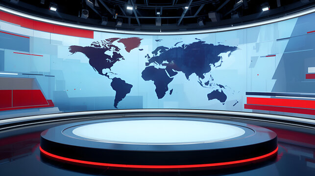 Modern studio news set with world map backdrop. Minimalist design, red and blue color scheme. TV news program background for broadcasting news. Video presentation background.