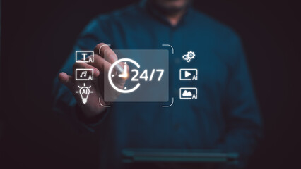 Professional engages digital interface, accessing ai-driven content services. Concepts include text, music, ideas, settings, video, gallery. Emphasizes continuous availability, innovation, modern