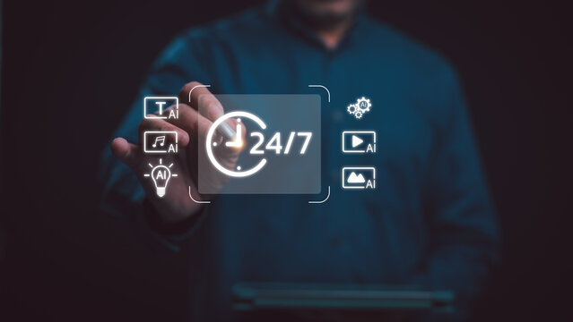 Professional engages digital interface, accessing ai-driven content services. Concepts include text, music, ideas, settings, video, gallery. Emphasizes continuous availability, innovation, modern