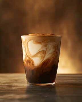 Hojicha latte with warm swirl top,3D soft pop.