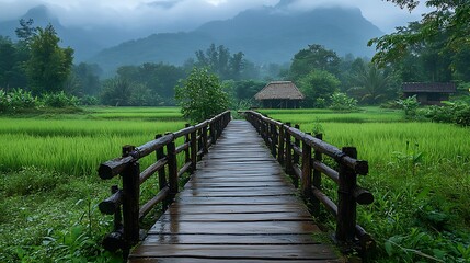 Wooden bridge over rice paddy landscape