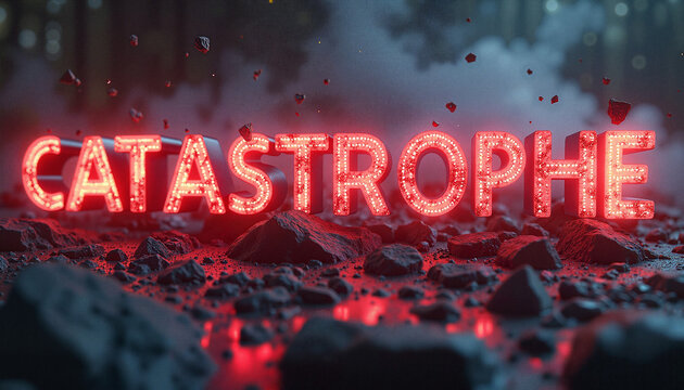 Neon catastrophe sign on rocky ground

