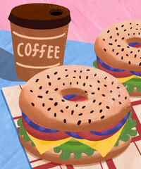 Coffee and Bagel Illustration: A vibrant illustration of a breakfast scene featuring a cup of coffee, a delicious bagel with fresh ingredients, and a napkin that looks delicious and full of flavor.