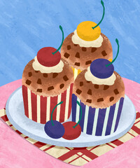 Sweet Cupcakes: A colorful illustration of three delectable cupcakes, adorned with vibrant cherries, offering a visual feast of dessert perfection.