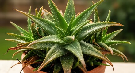 Detailed Aloe Vera Plant with Water Droplets in a Terracotta Pot