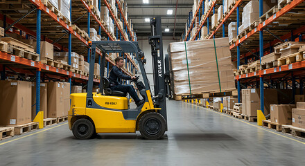 Naklejka premium A man operating a yellow forklift in a large warehouse filled with shelves stacked high with boxes.