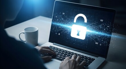 A person types on a laptop displaying a glowing padlock icon and digital circuit patterns, symbolizing data security.