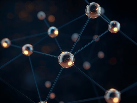 Abstract Network Connection. Glass Spheres Connected by Lines on Dark Background.
