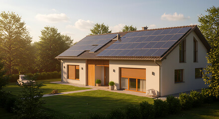 Eco-friendly house with solar panels on the roof, surrounded by green trees and lawn in sunny weather.