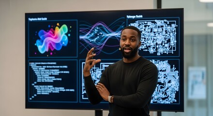 A man in a black shirt gestures while presenting in front of a large screen displaying colorful abstract graphics, data visualizations, code, and circuit board diagrams.