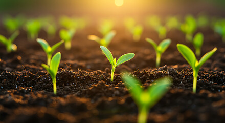 Fototapeta premium Rows of young seedlings emerge from rich soil, bathed in the warm glow of the setting sun. Growing.