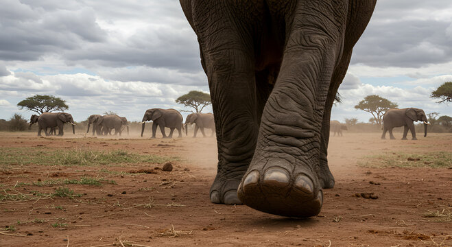 Close-up view of an elephant's feet walking, with herd in the distance. - Powered by Adobe