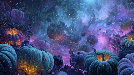 Surreal Cosmic Pumpkin Festival Floating in Space with Glowing Galaxies