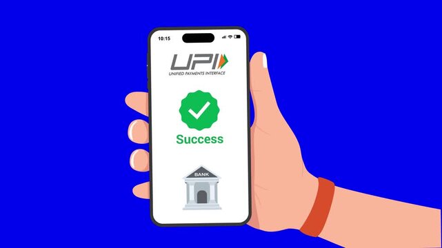 UPI payment success animation, mobile money transfer confirmation, digital banking approved transaction, smartphone wallet success screen with blue background