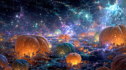 Surreal Cosmic Pumpkin Festival Floating in Space with Glowing Galaxies