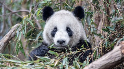 Obraz premium Young Panda Bear Sitting Among Green Bamboo Leaves in Natural Habitat