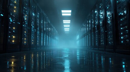Servers line data center corridor. Concept Cybersecurity, AI, or big data storage
