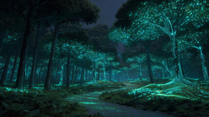 Futuristic Nature Fusion &ndash; Forest Trees with Glowing Circuits and Bioluminescent Eco World