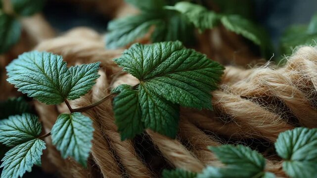 A green leafy plant is wrapped in a brown rope. The rope is made of yarn. Closeup fabric threads transforming into green leaves, sustainable fashion practices, soft natural earthy tone