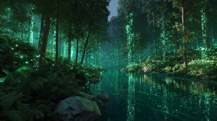 Futuristic Nature Fusion &ndash; Forest Trees with Glowing Circuits and Bioluminescent Eco World