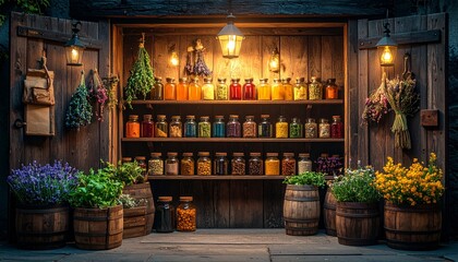 Wooden stall filled with jars of herbs and spices