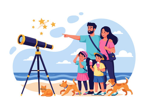 Stargazing Family: A loving family, with their furry companions, gathers under a night sky, pointing towards twinkling stars through the lens of a large telescope.