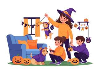 Joyful Halloween Festivities: A cheerful family creates a charming festive ambiance in preparation for Halloween night. The image showcases the magic and excitement of the holiday.
