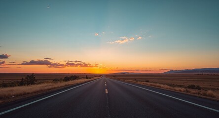 Naklejka premium Endless Road Ahead. A Captivating Sunset Landscape, Embracing Freedom and Adventure