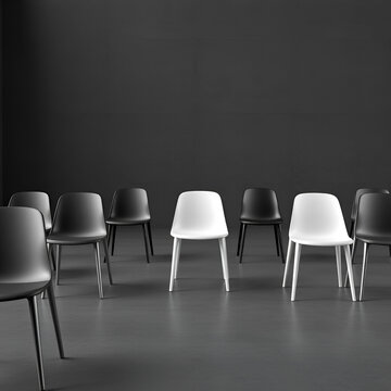 one white chair stand out of other black chairs  in the dark room concrete space , 3d rendering