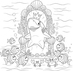 A cartoon shark king with a crown sitting on a grand seashell throne, surrounded by his loyal fish and crab subjects. A black and white underwater kingdom coloring page for kids.