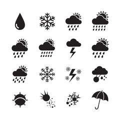 Sixteen black silhouette icons depicting various weather conditions including rain, snow, and lightning