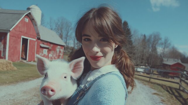 Young Woman Holding Piglet Outside on Farm in Bright Sunlight - Powered by Adobe