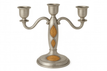 Metal candelabra with three arms and wooden inlays, isolated on transparent background, creating a sophisticated and decorative piece