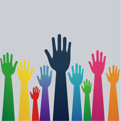 Colorful hands raised in a group, suggesting participation or agreement.
