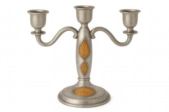Metal candelabra with three arms and wooden inlays, isolated on transparent background, creating a sophisticated and decorative piece